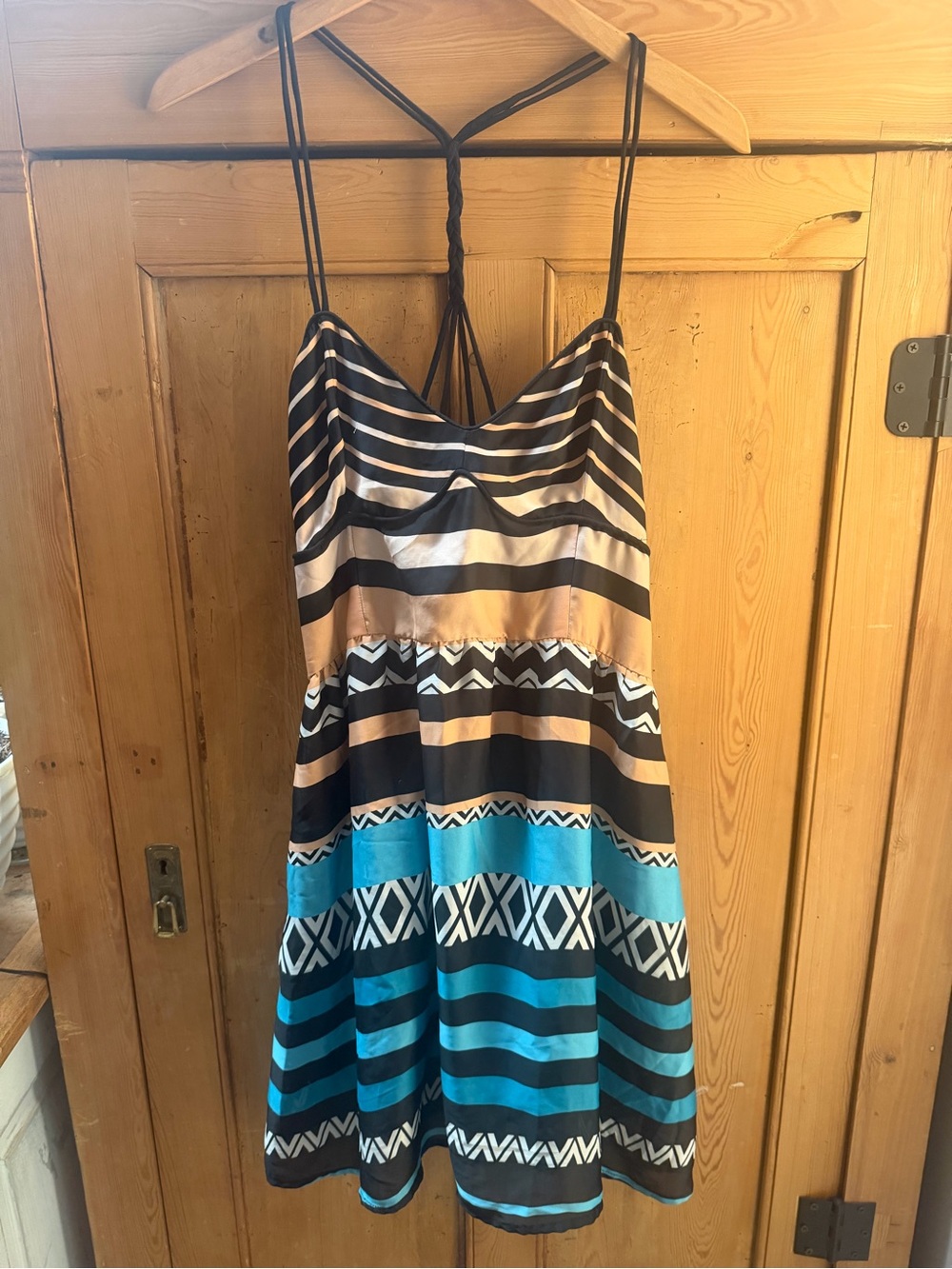 Bar III Turquoise, Black and Tan Striped Spaghetti-Strap Mini Dress